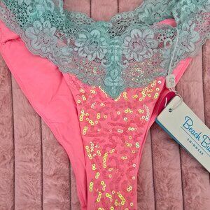 Beach Bunny Pink bottoms with teal lace & sequins